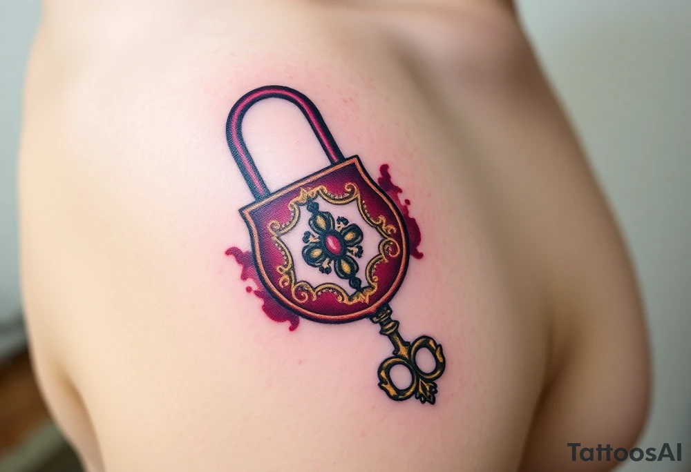 A vintage lock and key in deep burgundy and gold, with intricate filigree patterns tattoo idea