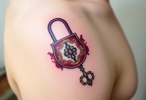 A vintage lock and key in deep burgundy and gold, with intricate filigree patterns tattoo idea