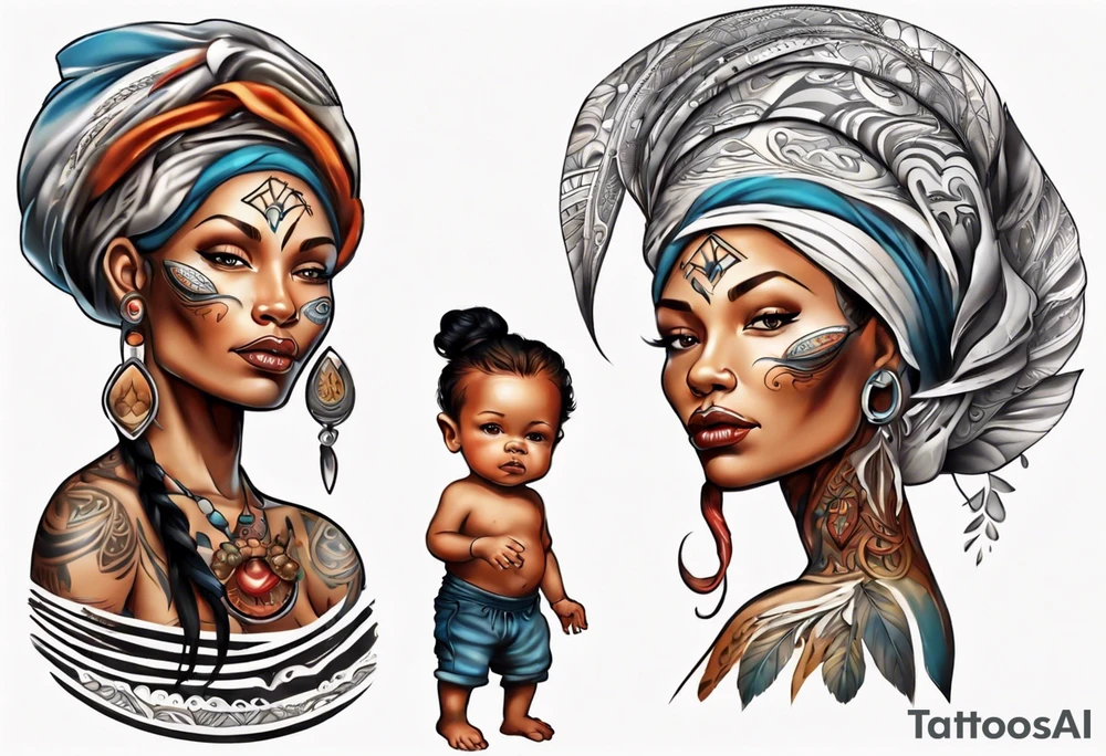 ethnic 
water-bearing woman and two little boys, tattoo idea