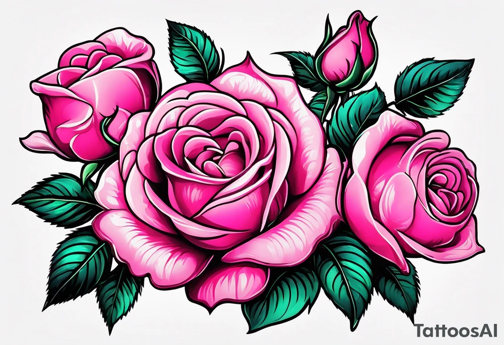 pink, neon pink, full color, traditional style roses, tattoo idea