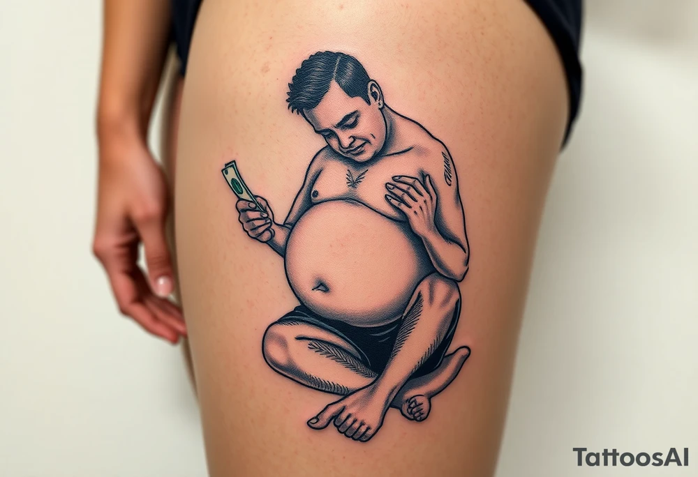 pathetic beta male with disgusting saggy body, fat belly and limp dick on his knees offering money tattoo idea