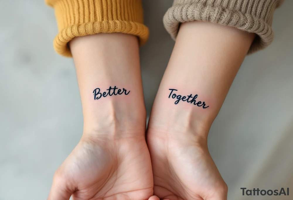 The phrase “Better Together” split between your outer wrists tells the world you're complete as one. tattoo idea