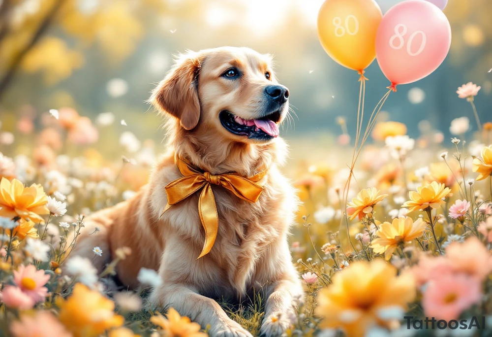 Imagine a golden retriever sitting in the middle of a blooming meadow, surrounded by soft sunlight and pastel-colored flowers. The dog has a large golden ribbon tied around its neck and cheerful balloons floating beside it, with the number "80" clearly displayed. Its expression is joyful and full of warmth. Above the scene, in elegant handwriting, a message reads:
“The entire Albi team warmly congratulates you on your life’s milestone!”
The overall style is soft, watercolor-inspired, perfect for a heartfelt greeting card filled with gentleness and gratitude. tattoo idea