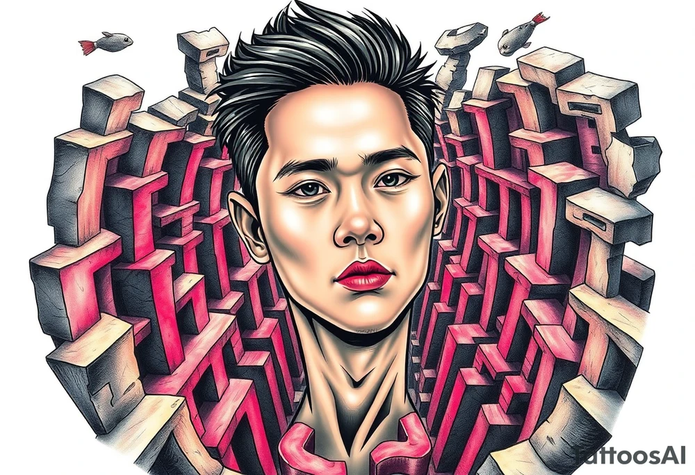 Handsome Asian young guy lost in a nightmarish labyrinth tattoo idea