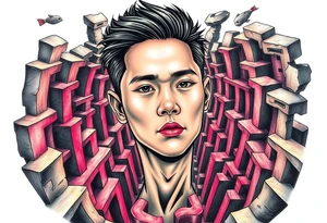 Handsome Asian young guy lost in a nightmarish labyrinth tattoo idea