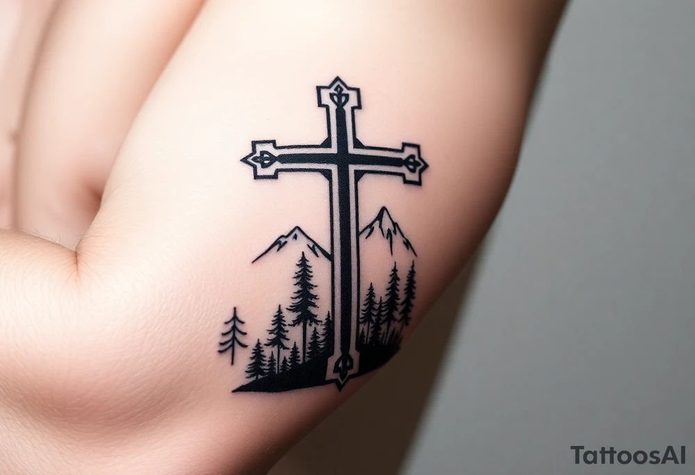 russian orthodox cross with the diagonal line at the bottom with a light forrest with a light mountainous setting tattoo idea