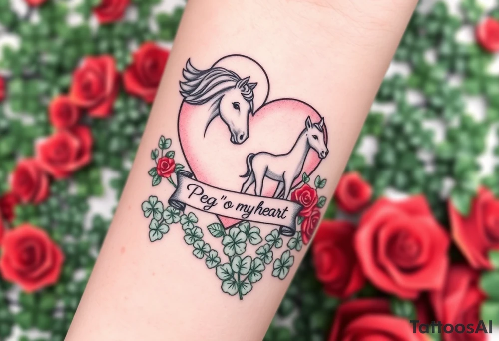 a big pale pink heart and a mare with wings and a halo and a colt in a huge patch of green shamrocks, and red roses with a banner across the heart that says Peg 'o My Heart tattoo idea