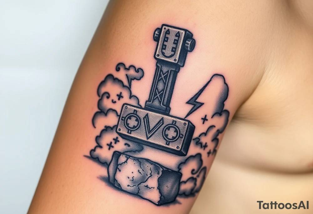 A massive Mjölnir hammer resting on a stone, ancient runes glowing on its surface, surrounded by storm clouds tattoo idea