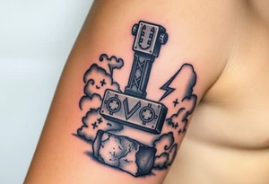 A massive Mjölnir hammer resting on a stone, ancient runes glowing on its surface, surrounded by storm clouds tattoo idea