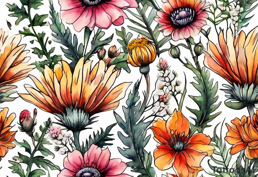 wildflowers with thistles, ferns, white flowers, pink flowers, burnt orange flowers, red flowers and yellow flowers all in watercolor tattoo idea