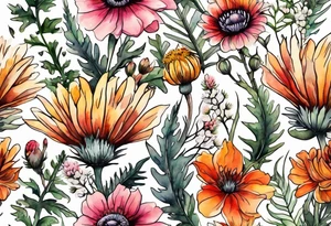 wildflowers with thistles, ferns, white flowers, pink flowers, burnt orange flowers, red flowers and yellow flowers all in watercolor tattoo idea