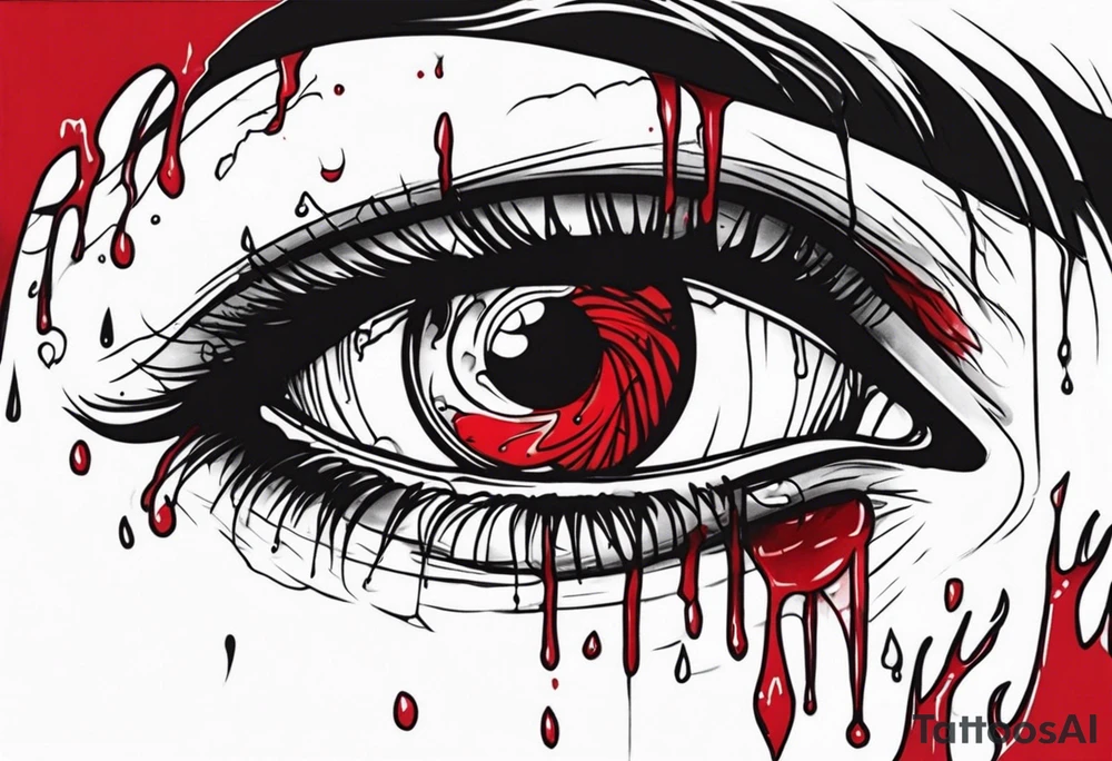 Bleeding tear flows to down from man's red eye sleeve tattoo design tattoo idea