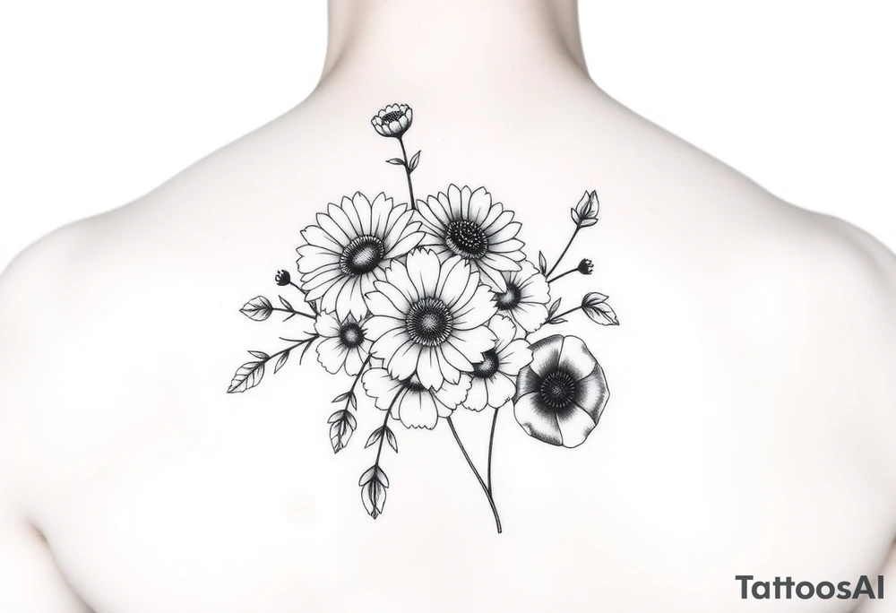 Flower bouquet with Chrysanthemums, poppy’s and violets tattoo idea