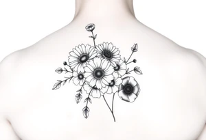 Flower bouquet with Chrysanthemums, poppy’s and violets tattoo idea