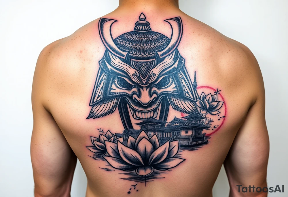 arm Sleeve.
Samurai oni mask, Japanese temple, water, lotus tattoo idea
