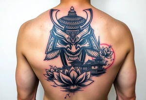 arm Sleeve.
Samurai oni mask, Japanese temple, water, lotus tattoo idea
