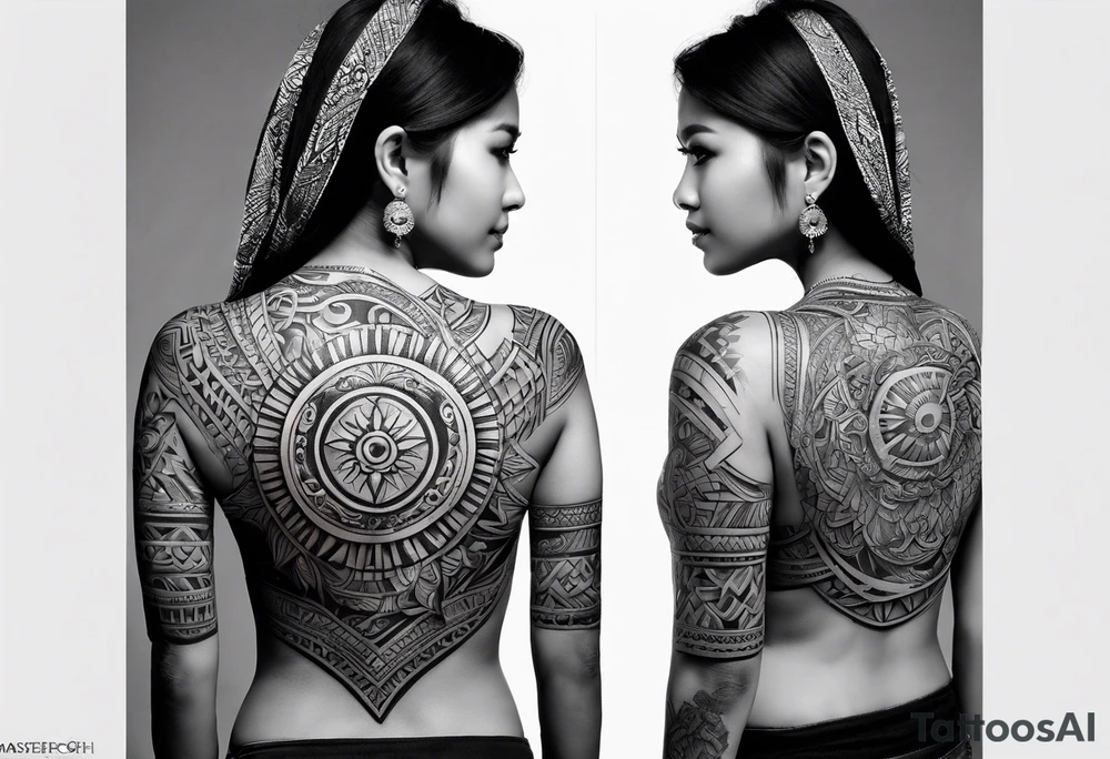 Filipino tribal tattoo for female, on and around the spine with the filipino sun at the top of the spine tattoo idea