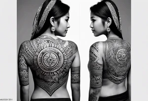 Filipino tribal tattoo for female, on and around the spine with the filipino sun at the top of the spine tattoo idea