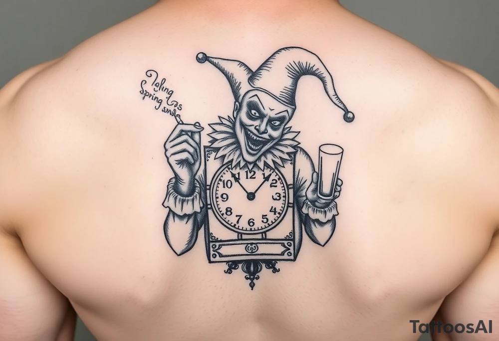 Jack in the box
Box as a clock
Spring as in smoke
Jester clown smoking on one hand drinking on the other tattoo idea