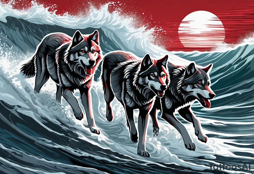 a pack of 3 howling muscular  gray wolves surfing waves with a linear background with red, white and black and gray tattoo idea