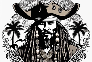 mickey mouse as captain jack sparrow with palm trees and celtic symbol for family tattoo idea