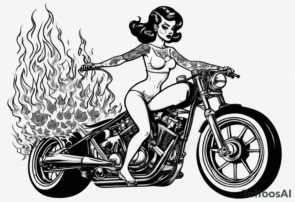 pinup doll riding a motorcycle  through flames and skeletons tattoo idea