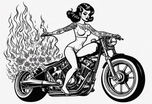 pinup doll riding a motorcycle  through flames and skeletons tattoo idea