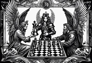 Depict an angel and devil engaged in a chess game, with the chessboard reflecting the cosmic battleground between good and evil, symbolizing the strategic nature of the eternal conflict. tattoo idea