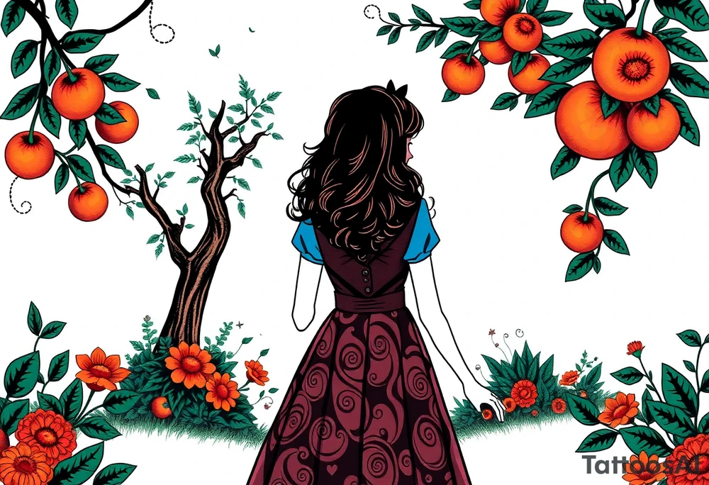 Alice in wonderland silhouette. Perspective from the back. She is entering a garden and seeing an orange tree. tattoo idea