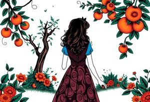 Alice in wonderland silhouette. Perspective from the back. She is entering a garden and seeing an orange tree. tattoo idea