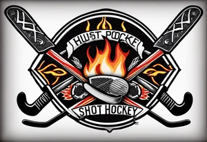 puck with crossed hockey sticks in the background and flames that says "SHOT HOCKEY" tattoo idea