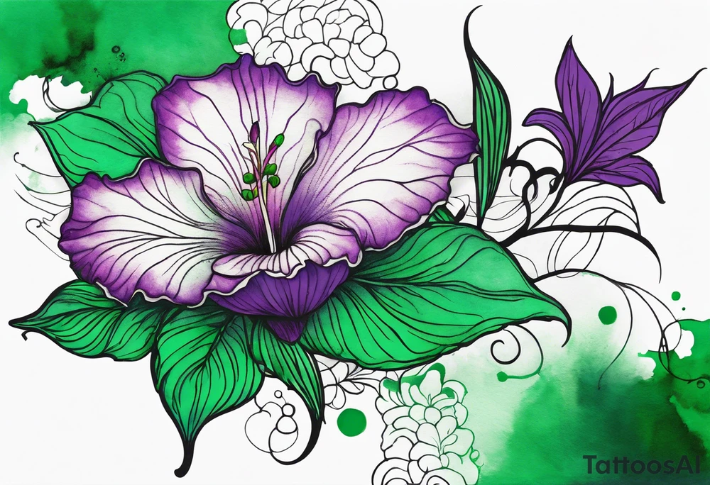 A mystical outline of a green with a bit of purple rio dipladenia flower and a green and purple watercolor splash in the background tattoo idea