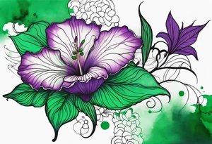 A mystical outline of a green with a bit of purple rio dipladenia flower and a green and purple watercolor splash in the background tattoo idea