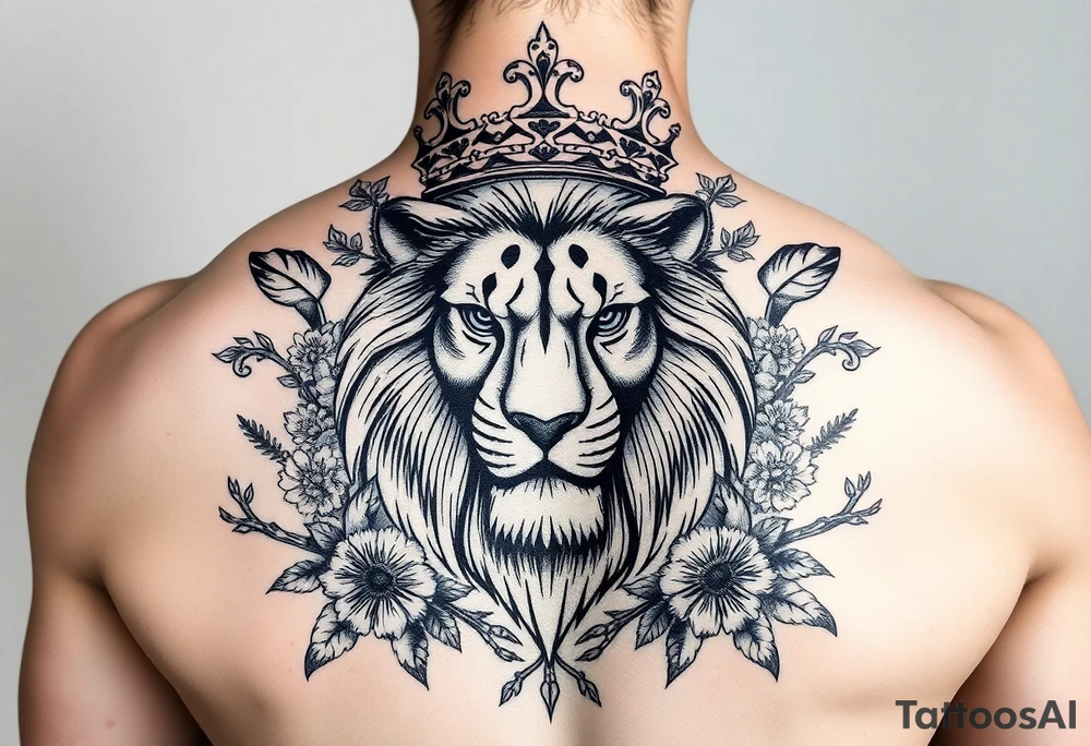 powerful majestic lion with a crown, surrounded by thorns  and floral ornaments and birds tattoo idea