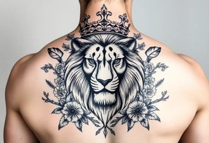 powerful majestic lion with a crown, surrounded by thorns  and floral ornaments and birds tattoo idea
