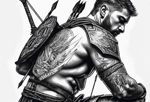 Side profile of a wounded knight on his knees with five arrows sticking out of his back tattoo idea