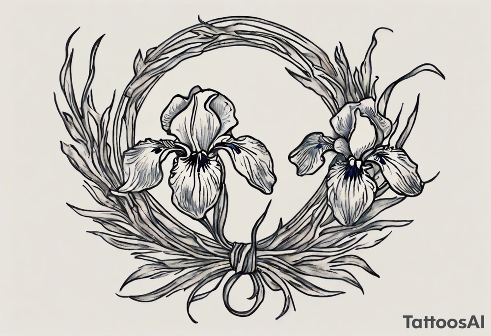 Create a small Vincent van Gogh Irises tattoo. The tattoo should take the form of a crescent, with vines gracefully intertwining at a central point in the middle of the wreath. Ensure that the design avoids the appearance of a bush and maintains a more structured and deliberate arrangement. The intended placement is on the upper chest. The overall design should be small in size while maintaining a delicate and artistic aesthetic. Pay attention to the graceful flow of the vines and the placement of the irises to achieve a refined and elegant look. tattoo idea