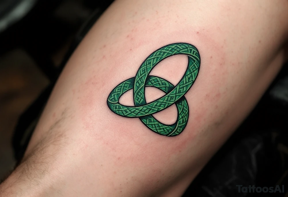 A bold Celtic triskeles  in deep emerald green, with intricate knotwork woven into each spiral, symbolizing eternal growth and balance. tattoo idea