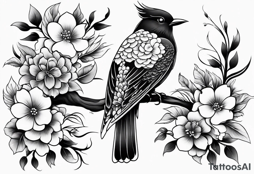Japanese traditional style
leg sleeve with a bird and flowers tattoo idea