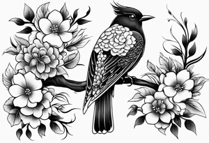 Japanese traditional style
leg sleeve with a bird and flowers tattoo idea