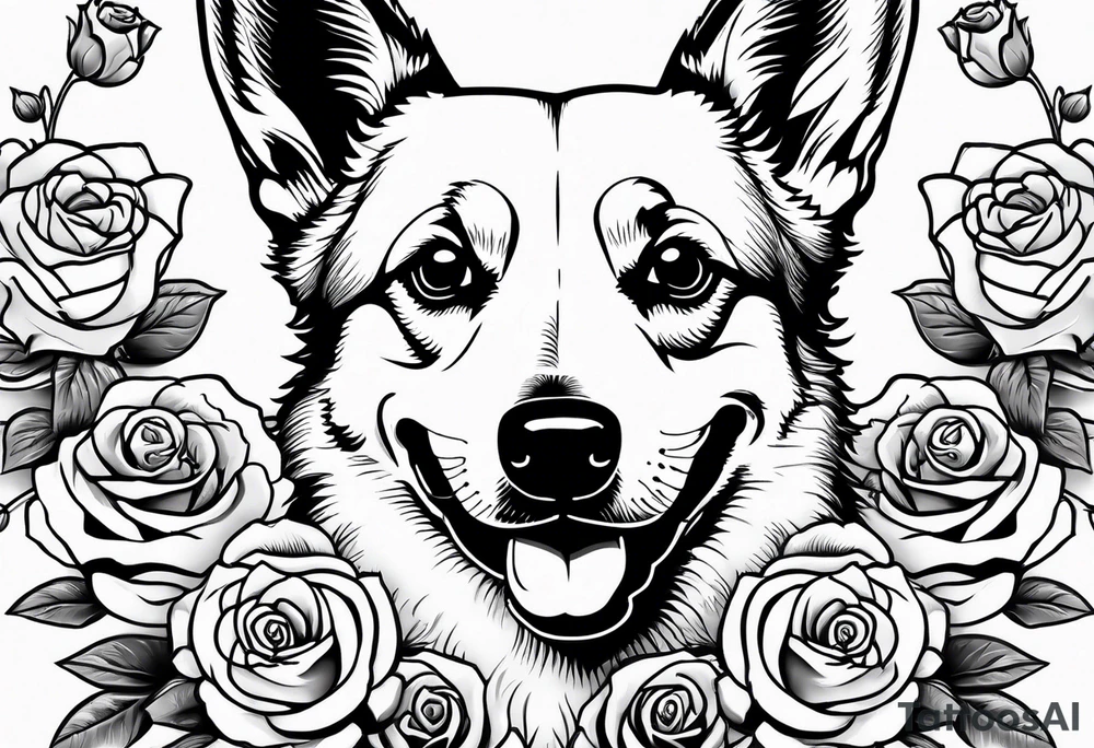 Corgi with roses and skulls tattoo idea