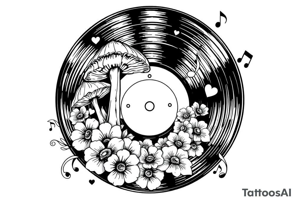 vinyl record with mushrooms, flowers, hearts, and music notes tattoo idea