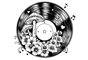 vinyl record with mushrooms, flowers, hearts, and music notes tattoo idea