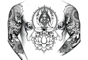 Realistic Durga sat on three lions
Surrounded by lotus chakra and mandala tattoo idea