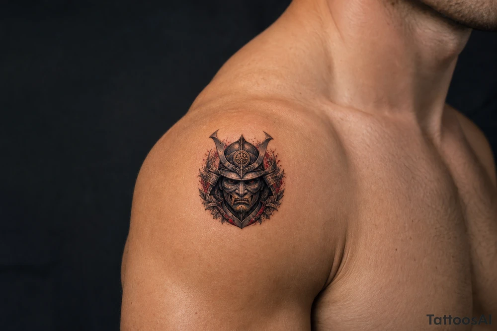 Pop black and grey samurai warrior mask, intricate details, all the shoulder tattoo idea