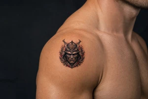 Pop black and grey samurai warrior mask, intricate details, all the shoulder tattoo idea