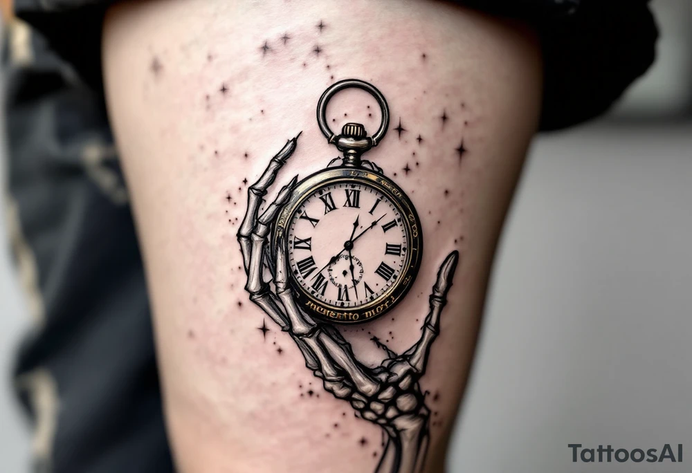 A monochrome skeleton hand holding a ticking pocket watch with gold highlights, "memento mori" engraved across the watch face. tattoo idea