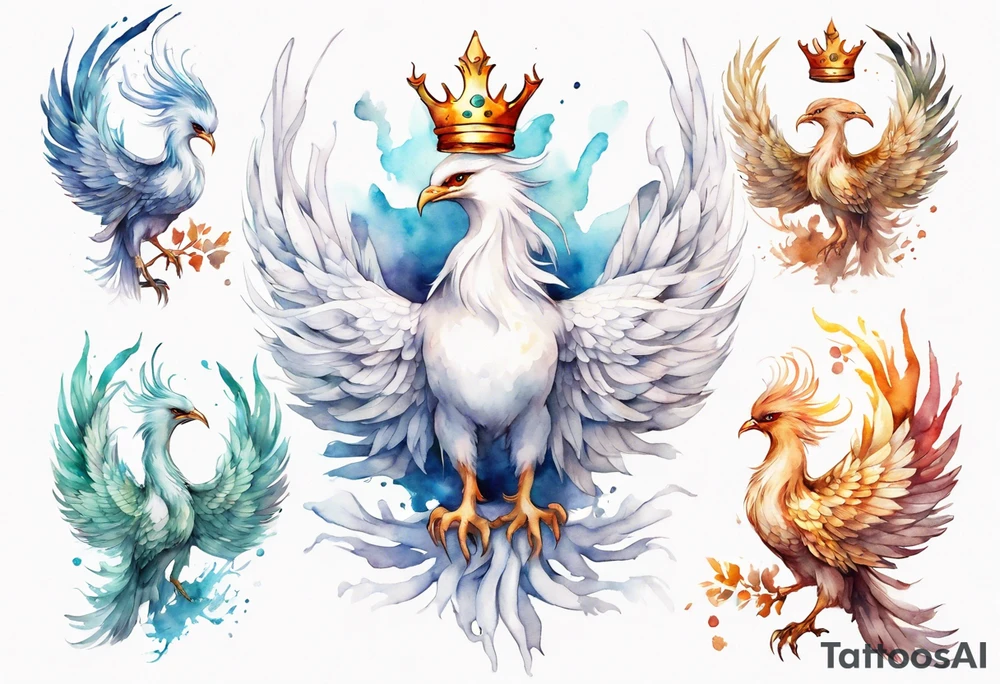 a white phoenix wearing a crown tattoo idea