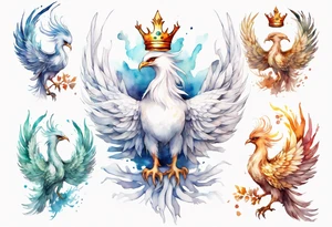 a white phoenix wearing a crown tattoo idea