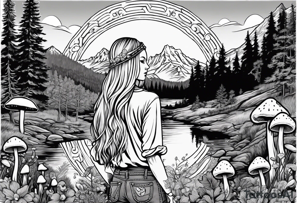 Whole picture encircled fully

Straight long blonde hair hippie girl in distance holding mushrooms in hand facing away toward mountains and creek surrounded by mushrooms long sleeve shirt and hiking pants; whole rendering within a full circle, no cut off circle tattoo idea